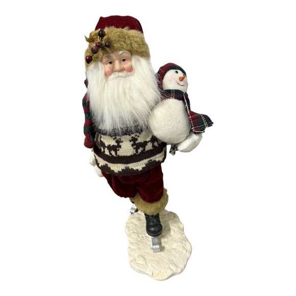 Other - Wooden Ice Skating Santa Statue Snowman Figure 20" Christmas Decoration